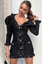 Seidiges Satin-Minikleid mit Faltenbesatz und langen Ärmeln - Schwarz